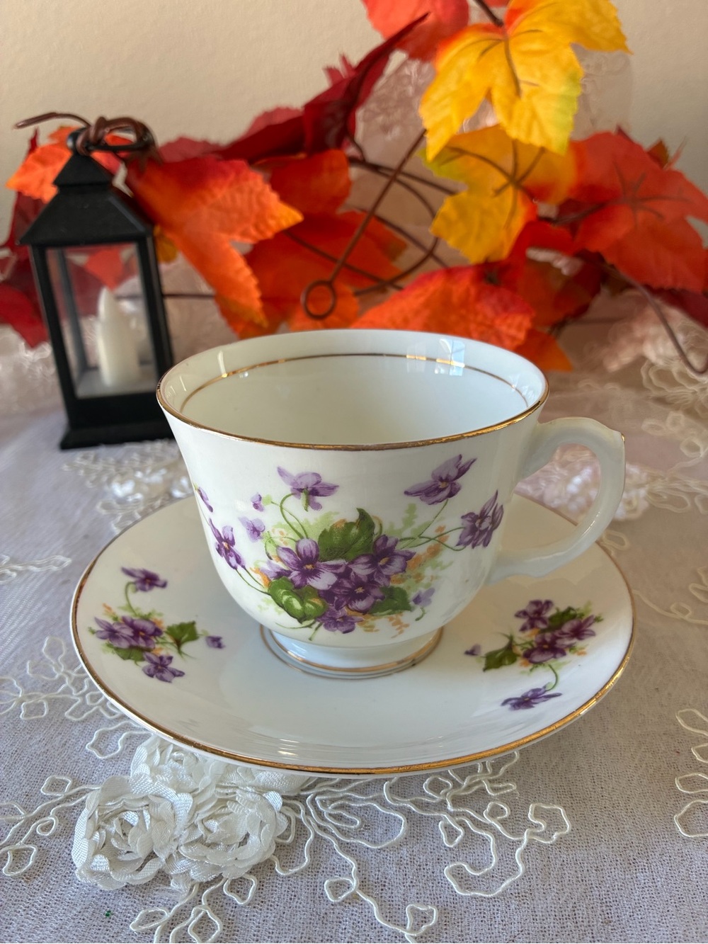 Stanley White Porcelain Teacup & Saucer with Purple Floral Accents